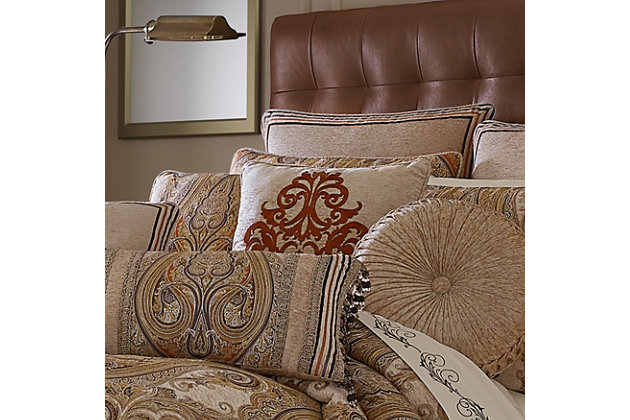 The Luciana Beige 18" Decorative Pillow is beautifully embroidered with a luxurious spice colored damask on a beige base cloth. This square pillow brings richness to your traditional bedding set by adding dimension and color. Pair this pillow with the Luciana Beige bedding set by J. Queen New York for a complete look.100% polyester | Beige | Elegant accent pillow for your bedding, sofa, or armchair | Made with design house quality fabric and craftsmanship | Timeless take on traditional patterns with an updated color palette | Dry clean only | Imported | Polyester fill