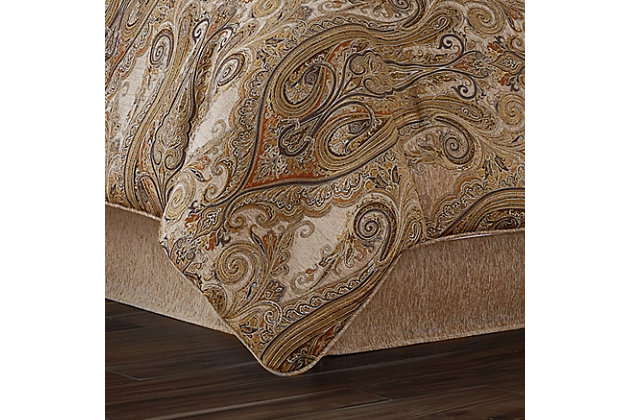 The Luciana Beige Bedding Collection is majestic with its graceful design and beautiful lines in shades of gold, beige, blue, spice and cream. Using chenille and twisted yarns this woven is luxurious and grand. Paired with matching shams and a solid chenille bed skirt this design is sheer perfection.100% polyester | Beige | Comforter set includes: 1 comforter, 2 pillow shams, 1 bed skirt | Made with design house quality fabric and craftsmanship | Timeless take on traditional patterns with an updated color palette | Dry clean only | Imported | Polyester fill