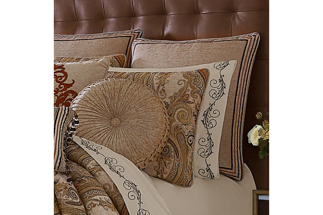 The Luciana Beige Bedding Collection is majestic with its graceful design and beautiful lines in shades of gold, beige, blue, spice and cream. Using chenille and twisted yarns this woven is luxurious and grand. Paired with matching shams and a solid chenille bed skirt this design is sheer perfection.100% polyester | Beige | Comforter set includes: 1 comforter, 2 pillow shams, 1 bed skirt | Made with design house quality fabric and craftsmanship | Timeless take on traditional patterns with an updated color palette | Dry clean only | Imported | Polyester fill