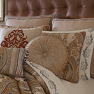 The Luciana Beige Tufted Round Pillow used a beautiful beige chenille fabric to create a one of a kind accent to this bedding ensemble. This unique pillow is sewn by hand and is finished with a fabric covered button on both sides.100% polyester | Beige | Elegant accent pillow for your bedding, sofa, or armchair | Made with design house quality fabric and craftsmanship | Timeless take on traditional patterns with an updated color palette | Dry clean only | Imported | Polyester fill