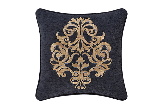 The Luciana Indigo 18" Decorative Pillow is beautifully embroidered with a luxurious gold and pale blue colored damask on an indigo base cloth. This square pillow brings richness to your traditional bedding set by adding dimension and color. Pair this pillow with the Luciana Indigo bedding set by J. Queen New York for a complete look.100% polyester | Blue | Elegant accent pillow for your bedding, sofa, or armchair | Made with design house quality fabric and craftsmanship | Timeless take on traditional patterns with an updated color palette | Dry clean only | Imported | Polyester fill