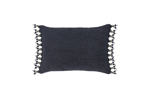 The Luciana Indigo Boudoir is pieced with the beautiful jacquard and striped chenille fabrics and embellished with beaded tassel fringe and braided trim.100% polyester | Blue | Elegant accent pillow for your bedding, sofa, or armchair | Made with design house quality fabric and craftsmanship | Timeless take on traditional patterns with an updated color palette | Dry clean only | Imported | Polyester fill