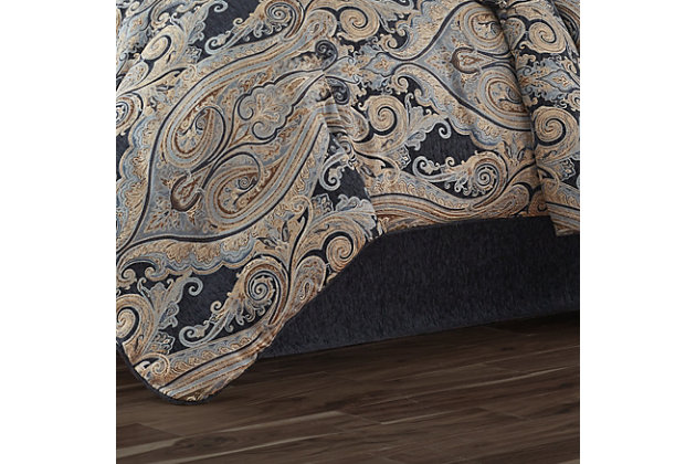 The Luciana Indigo Bedding Collection is majestic with its graceful design and beautiful lines in shades of indigo, pale blue, brown, camel and cream. Using chenille and twisted yarns this woven is luxurious and grand. Paired with matching shams and a solid chenille bed skirt this design is sheer perfection.100% polyester | Blue | Comforter set includes: 1 comforter, 2 pillow shams, 1 bed skirt | Made with design house quality fabric and craftsmanship | Timeless take on traditional patterns with an updated color palette | Dry clean only | Imported | Polyester fill
