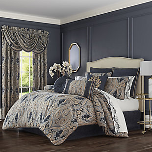 The Luciana Indigo Bedding Collection is majestic with its graceful design and beautiful lines in shades of indigo, pale blue, brown, camel and cream. Using chenille and twisted yarns this woven is luxurious and grand. Paired with matching shams and a solid chenille bed skirt this design is sheer perfection.100% polyester | Blue | Comforter set includes: 1 comforter, 2 pillow shams, 1 bed skirt | Made with design house quality fabric and craftsmanship | Timeless take on traditional patterns with an updated color palette | Dry clean only | Imported | Polyester fill