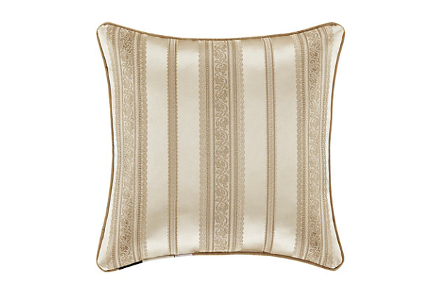 The Sandstone 20" Decorative Throw Pillow is beautiful and sophisticated with a sand colored traditional jacquard damask pattern. This damask perfectly matches with the Sandstone comforter by J. Queen New York. The overstuffed accent pillow is finished with a 1/4" sand colored velvet piping. Pair this pillow with the Sandstone bedding set by J. Queen New York for a complete look.100% polyester | Beige | Elegant accent pillow for your bedding, sofa, or armchair | Made with design house quality fabric and craftsmanship | Timeless take on traditional patterns with an updated color palette | Dry clean only | Imported | Polyester fill