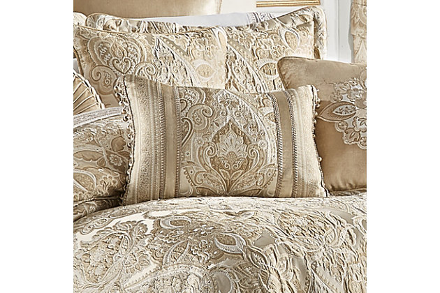 The Sandstone Boudoir Throw Pillow is beautifully constructed with a traditional woven damask pattern centered, complemented by a bordering beige velvet and lovely jacquard stripe. The pillow is finished with a coordinating gimp and multi-colored tassel ball fringe. Pair this 13x21 inch pillow with the Sandstone bedding set by J. Queen New York for a complete traditional luxury look.100% polyester | Beige | Elegant accent pillow for your bedding, sofa, or armchair | Made with design house quality fabric and craftsmanship | Timeless take on traditional patterns with an updated color palette | Dry clean only | Imported | Polyester fill