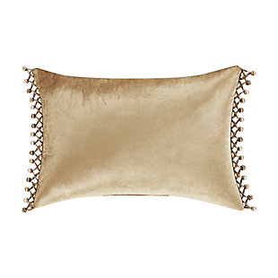 The Sandstone Boudoir Throw Pillow is beautifully constructed with a traditional woven damask pattern centered, complemented by a bordering beige velvet and lovely jacquard stripe. The pillow is finished with a coordinating gimp and multi-colored tassel ball fringe. Pair this 13x21 inch pillow with the Sandstone bedding set by J. Queen New York for a complete traditional luxury look.100% polyester | Beige | Elegant accent pillow for your bedding, sofa, or armchair | Made with design house quality fabric and craftsmanship | Timeless take on traditional patterns with an updated color palette | Dry clean only | Imported | Polyester fill