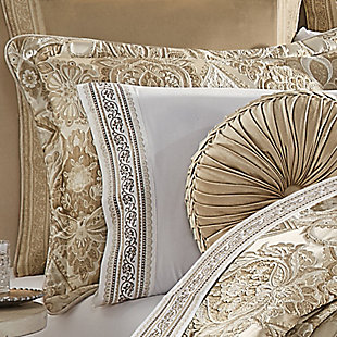 The Sandstone 4 Piece Comforter Set Collection is beautiful and sophisticated, featuring a sand colored, all-over traditional woven jacquard damask pattern. Paired with matching hidden zipper closure pillow shams and a coordinating split-corner tailored bed skirt which features a beautifully engineered woven jacquard stripe border, this oversized ensemble will add luxury elegance to your bedroom decor. The reverse of this set is a plush microfiber dyed to match the light beige color of the pattern on the front and finished with a 1/4" beige velvet piping for added detail.100% polyester | Beige | Comforter set includes: 1 comforter, 2 pillow shams, 1 bed skirt | Made with design house quality fabric and craftsmanship | Timeless take on traditional patterns with an updated color palette | Dry clean only | Imported | Polyester fill