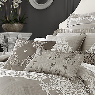 The Crestview 18" Square Decorative Pillow is beautifully embroidered on velvet with a fine detailed scroll medallion in a sleek square formation.100% polyester | Silver | Elegant accent pillow for your bedding, sofa, or armchair | Made with design house quality fabric and craftsmanship | Timeless take on traditional patterns with an updated color palette | Dry clean only | Imported | Polyester fill
