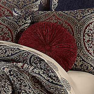 The beautifully constructed tufted round pillow is made using plush red chenille fabric. The pillow features a tufted button in the center and is handmade with an intricate pleating and pinching technique in a spherical shape to create a stunning addition to your bedding ensemble.100% polyester | Red | Elegant accent pillow for your bedding, sofa, or armchair | Made with design house quality fabric and craftsmanship | Timeless take on traditional patterns with an updated color palette | Dry clean only | Imported | Polyester fill