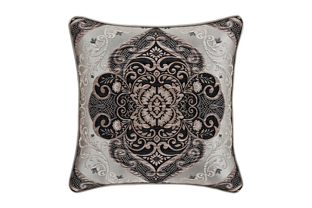 The Desiree 18" Decorative Throw Pillow is exquisite with its bold use of black and silver tones. This beautiful square throw pillow is rich with a traditional woven jacquard damask design on the front and solid silver satin on the back and finished with a 1/4" silvertone piping. Pair this reversible pillow with the Desiree bedding set by J. Queen New York for a complete luxury look.100% polyester | Silver | Elegant accent pillow for your bedding, sofa, or armchair | Made with design house quality fabric and craftsmanship | Timeless take on traditional patterns with an updated color palette | Dry clean only | Imported | Polyester fill