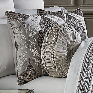 The Desiree 4 Piece Comforter Set Bedding Collection is exquisite with its fine details and bold use of black and silver tones. This beautiful woven jacquard damask pattern is rich with its 3-dimensional weave and satin finish. Paired with matching hidden zipper pillow shams and a silver satin split corner bed skirt, this oversized ensemble will add sophisticated elegance to your bedroom decor. The reverse of this set is a soft microfiber dyed to match the silver base of the pattern on the front. Finished with a 1/4" silvertone piping. Pair this bedding collection with the Desiree throw pillows, shams, and window treatments for a complete luxury look.100% polyester | Silver | Comforter set includes: 1 comforter, 2 pillow shams, 1 bed skirt | Made with design house quality fabric and craftsmanship | Timeless take on traditional patterns with an updated color palette | Dry clean only | Imported | Polyester fill