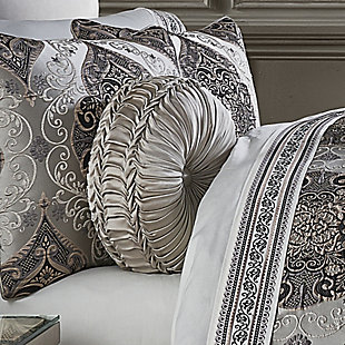 The Desiree Tufted Round Pillow uses a beautiful silver satin fabric to create a one of a kind accent piece to your bedding ensemble. This 15" uniquely constructed pillow is sewn by hand and is finished with a fabric covered button on both sides. Pair it with the Desiree bedding set by J. Queen New York for a complete luxury look.100% polyester | Silver | Elegant accent pillow for your bedding, sofa, or armchair | Made with design house quality fabric and craftsmanship | Timeless take on traditional patterns with an updated color palette | Dry clean only | Imported | Polyester fill