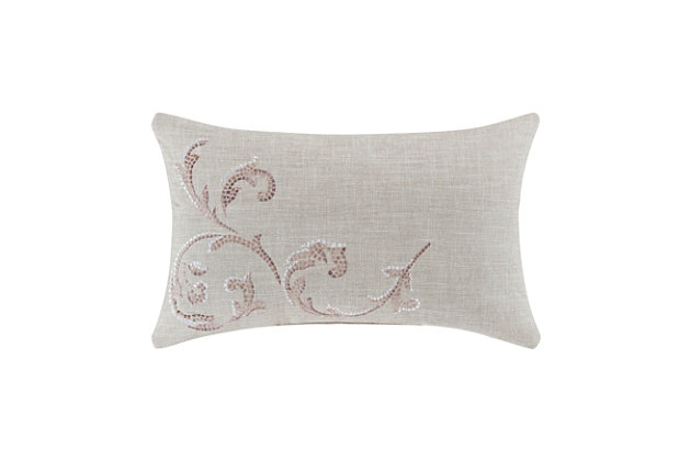 The Angeline Boudoir Throw Pillow is beautifully embroidered with a detailed mosaic technique. This blush embroidery traces a lovely scroll design that complements the traditional damask pattern found on the top of bed of the Angeline bedding set by J. Queen New York. Pair this 13 x 21 inch pillow with the Angeline bedding set for a complete elegant look.100% polyester | Beige | Elegant accent pillow for your bedding, sofa, or armchair | Made with design house quality fabric and craftsmanship | Timeless take on traditional patterns with an updated color palette | Dry clean only | Imported | Polyester fill