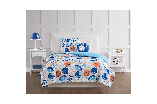If your kid loves sports, check out the athletics represented in the intriguing pattern of this three-piece comforter set. It's not only fantastic to look at but also simply wonderful to snuggle in. The comforter reverses to a coordinating blue and comes with a baseball-themed accent pillow to complete the look.Set includes 1 comforter, 1 pillow sham and 1 accent pillow | Blue and gray | Made of microfiber polyester with polyester fiber fill | Hypoallergenic | Reversible to blue | Machine washable | Imported