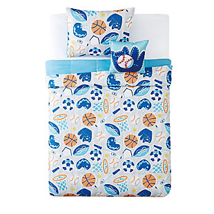 If your kid loves sports, check out the athletics represented in the intriguing pattern of this three-piece comforter set. It's not only fantastic to look at but also simply wonderful to snuggle in. The comforter reverses to a coordinating blue and comes with a baseball-themed accent pillow to complete the look.Set includes 1 comforter, 1 pillow sham and 1 accent pillow | Blue and gray | Made of microfiber polyester with polyester fiber fill | Hypoallergenic | Reversible to blue | Machine washable | Imported