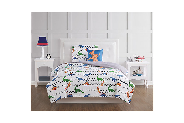 Transform your little one's room into a prehistoric playground with this fun-loving dinosaur three-piece comforter set. The white base cloth is printed and reverses to a gray woven solid color. An allover dinosaur print—in a fantastic mix of green, navy and orange—creates the perfect setting for daytime and dreaming.Set includes 1 comforter, 1 pillow sham and 1 accent pillow | Multi-color | Made of microfiber polyester with polyester fiber fill | Hypoallergenic | Reversible to solid gray | Machine washable | Imported
