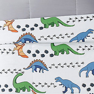 Transform your little one's room into a prehistoric playground with this fun-loving dinosaur three-piece comforter set. The white base cloth is printed and reverses to a gray woven solid color. An allover dinosaur print—in a fantastic mix of green, navy and orange—creates the perfect setting for daytime and dreaming.Set includes 1 comforter, 1 pillow sham and 1 accent pillow | Multi-color | Made of microfiber polyester with polyester fiber fill | Hypoallergenic | Reversible to solid gray | Machine washable | Imported