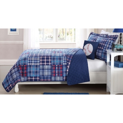 Pem America Navy Plaid Patch Twin Quilt Mini Set with Bonus Decorative Pillow, Navy Blue, rollover