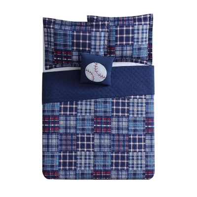 Pem America Navy Plaid Patch Twin Quilt Mini Set with Bonus Decorative Pillow, Navy Blue, large