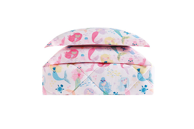 Turn your little one's bedroom into a whimsical ocean playground with this mermaid comforter set. Mermaids swim about among ocean friends in a sea of vibrant prints against a white background.Set includes 1 comforter and 1 pillow sham | Multicolored | Made of microfiber polyester with polyester fiber fill | Hypoallergenic | Reversible to solid pink | Machine washable | Imported