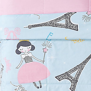 Your little one will feel like a fairy princess with this three-piece Paris princess comforter set. The ultra-soft comforter features an allover design of the Eiffel Tower, crowns, keys and pretty princesses. This simple and easy-to-coordinate print reverses to a solid pink woven fabric. A decorative accent pillow with the princess herself on the face completes the look.Set includes 1 comforter, 1 pillow sham and 1 accent pillow | Blue and pink | Made of microfiber polyester with polyester fiber fill | Reversible to solid pink | Machine washable | Imported