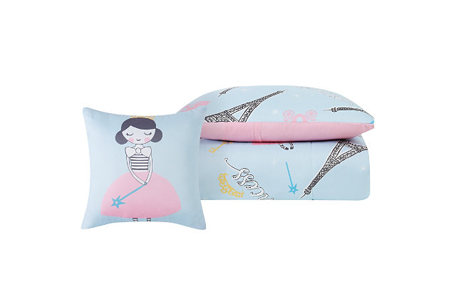 Your little one will feel like a fairy princess with this three-piece Paris princess comforter set. The ultra-soft comforter features an allover design of the Eiffel Tower, crowns, keys and pretty princesses. This simple and easy-to-coordinate print reverses to a solid pink woven fabric. A decorative accent pillow with the princess herself on the face completes the look.Set includes 1 comforter, 1 pillow sham and 1 accent pillow | Blue and pink | Made of microfiber polyester with polyester fiber fill | Reversible to solid pink | Machine washable | Imported