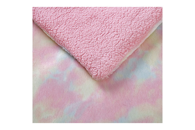 Bring a little fun into your room with this tie-dye rainbow bedding pattern. The face is a random print on velvet cloth, and the reverse of the comforter is a solid plush marshmallow fleece in solid pink. The fun is all in the shams, with sleeping eyes and pointy fleece ears on the corners. You'll drift off to sleep dreaming of colorful rainbows while snuggled warmly under this comforter set.Set includes 1 comforter and 1 pillow sham | Made of polyester | Pink, yellow and blue | Two-sided texture (velvet front; sherpa back) | Machine washable | Reversible to solid pink | Machine washable | Imported