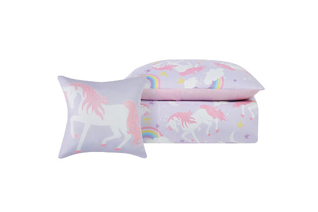 Turn your little one's room into a whimsical spot with this three-piece unicorn comforter set. Its magical unicorns, rainbows and moons against a pink and purple background create the perfect setting for daytime and dreaming. The included accent pillow, with a large unicorn on it, completes the look.Set includes 1 comforter, 1 pillow sham and 1 accent pillow | Purple and pink | Made of microfiber polyester with polyester fiber fill | Reversible to solid pink | Machine washable | Imported