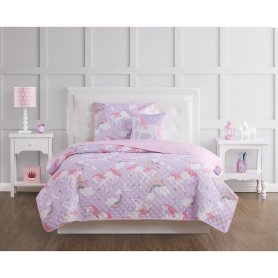 Pem America Rainbow Unicorn Twin 3 Piece Quilt Set, Purple/Pink, rollover