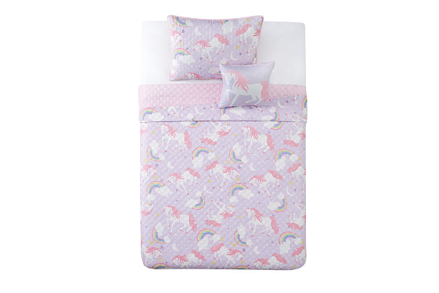 Turn your little one's room into a whimsical spot with this three-piece unicorn quilt set. Its magical unicorns, rainbows and moons against a pink and purple background create the perfect setting for daytime and dreaming. The included accent pillow, with a large unicorn on it, completes the look.Set includes 1quilt, 1 pillow sham and 1 accent pillow | Purple and pink | Made of microfiber polyester with polyester fiber fill | Reversible to solid pink | Machine washable | Imported