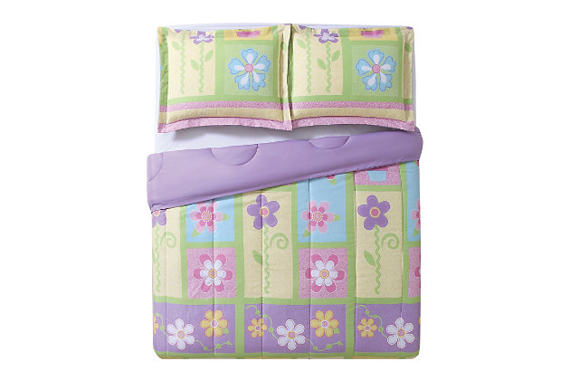 Completely covered in classic framed flowers of bright pastel pink, purple, yellow and green, this comforter set breathes new life into your bedroom. It reverses to a solid lavender color.Set includes 1 comforter and 1 pillow sham | Blue, pink, purple, yellow and green | Made of microfiber polyester with polyester fiber fill | Reversible to solid lavender | Machine washable | Imported