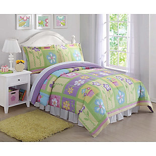Completely covered in classic framed flowers of bright pastel pink, purple, yellow and green, this comforter set breathes new life into your bedroom. It reverses to a solid lavender color.Set includes 1 comforter and 2 pillow shams | Blue, pink, purple, yellow and green | Made of microfiber polyester with polyester fiber fill | Reversible to solid lavender | Machine washable | Imported