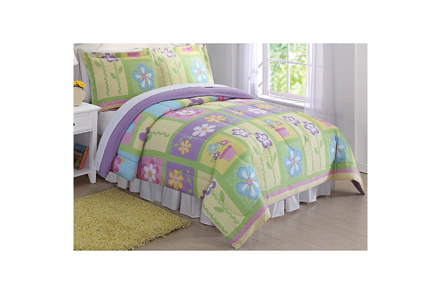 Completely covered in classic framed flowers of bright pastel pink, purple, yellow and green, this comforter set breathes new life into your bedroom. It reverses to a solid lavender color.Set includes 1 comforter and 2 pillow shams | Blue, pink, purple, yellow and green | Made of microfiber polyester with polyester fiber fill | Reversible to solid lavender | Machine washable | Imported