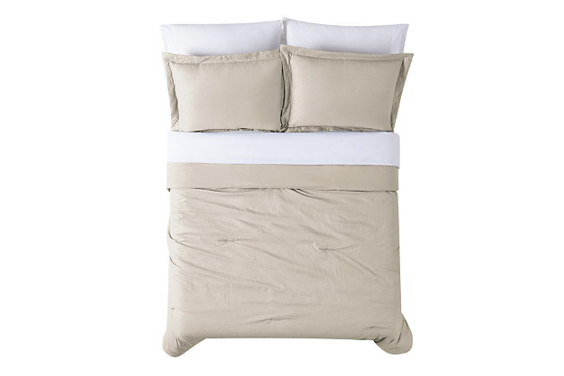 Have a Truly Calm sleep with this certified antimicrobial and anti-odor control solid color Bed in a Bag with comforter and sheet set. The HeiQ technology combines scientific research with sleep enhancements for the simple purpose of improving the quality of sleep, which is essential to help maintain your optimal health and well-being. The bedding is beautified with a seersucker patterned face for enhanced texture and filled with a 100% down alternative polyester for a dreamy bedroom refresh.Made of 100% microfiber with heiq pure antimicrobial treatment with 100% polyester fill; face cloth uses a heat set seersucker texture | Imported | Machine washable; must be washed in appropriate size equipment to avoid damage | Includes: one comforter 68x90 inches, one standard sham 20x26 inches, one fitted sheet 39x75 inches with 13 inch pocket to fit up to a 15 inch deep mattress, one flat sheet 71x91 inches, and one pillowcase 20x30 inches