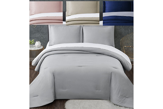 Have a Truly Calm sleep with this certified antimicrobial and anti-odor control solid color Bed in a Bag with comforter and sheet set. The HeiQ technology combines scientific research with sleep enhancements for the simple purpose of improving the quality of sleep, which is essential to help maintain your optimal health and well-being. The bedding is beautified with a seersucker patterned face for enhanced texture and filled with a 100% down alternative polyester for a dreamy bedroom refresh.Made of 100% microfiber with heiq pure antimicrobial treatment with 100% polyester fill; face cloth uses a heat set seersucker texture | Imported | Machine washable; must be washed in appropriate size equipment to avoid damage | Includes: one comforter 68x90 inches, one standard sham 20x26 inches, one fitted sheet 39x75 inches with 13 inch pocket to fit up to a 15 inch deep mattress, one flat sheet 71x91 inches, and one pillowcase 20x30 inches