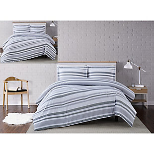 Casual and contemporary. This designer duvet set is dressed to impress with gray stripes contrasting subtly against a clean, white background. Truly Soft microfiber material is indulgent to the touch and a breeze to clean. Includes a duvet cover and sham; insert not included.Made of 100% brushed microfiber with truly soft treatment | Imported | Machine washable; must be washed in appropriate size equipment to avoid damage | Includes: one twin xl duvet cover 68x90 inches with button closure and one standard sham 20x26 inches; insert must be purchased separately