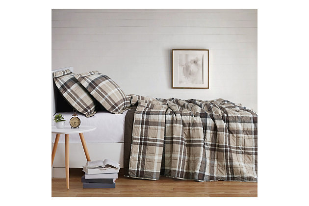 This quilt set is dressed to impress with a classic plaid pattern in a mix of earth tones. A textured style provides depth to the pattern. The brushed microfiber is treated with Truly Soft for added comfort and performance.Made of 100% brushed microfiber with truly soft treatment and cotton-blend filling | Imported | Machine washable; must be washed in appropriate size equipment to avoid damage | Includes: one full/queen quilt 90x90 inches and two standard shams 20x26 inches