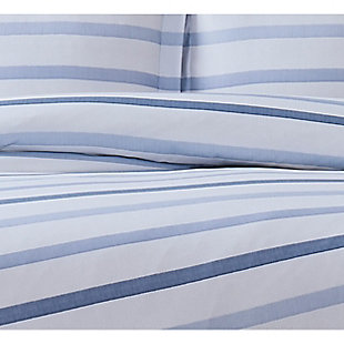 This duvet set is dressed to impress with a striped pattern in cool shades of blue, gray and white for a warm and inviting look. Adding depth is a printed texture emulating a dyed yarn aesthetic. The brushed microfiber fabric is treated with Truly Soft for added comfort and durability. Includes duvet cover and sham; insert not included.Made of 100% brushed microfiber with truly soft treatment | Imported | Machine washable; must be washed in appropriate size equipment to avoid damage | Includes: one twin xl duvet cover 68x90 inches with button closure and one standard sham 20x26 inches; insert must be purchased separately