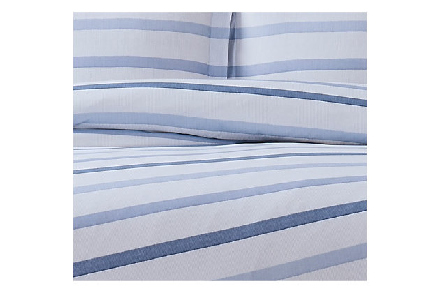 This duvet set is dressed to impress with a striped pattern in cool shades of blue, gray and white for a warm and inviting look. Adding depth is a printed texture emulating a dyed yarn aesthetic. The brushed microfiber fabric is treated with Truly Soft for added comfort and durability. Includes duvet cover and sham; insert not included.Made of 100% brushed microfiber with truly soft treatment | Imported | Machine washable; must be washed in appropriate size equipment to avoid damage | Includes: one twin xl duvet cover 68x90 inches with button closure and one standard sham 20x26 inches; insert must be purchased separately