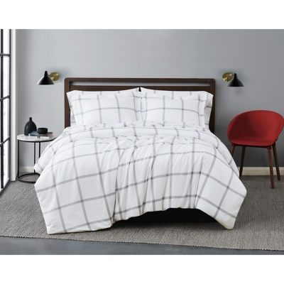 Truly Soft Printed Windowpane 3 Piece Full/Queen Comforter Set, White/Gray, large