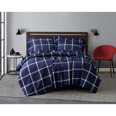 Truly Soft Printed Windowpane 3 Piece Full/Queen Comforter Set, White/Navy, large