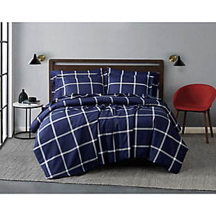 Truly Soft Printed Windowpane 3 Piece Full/Queen Comforter Set, White/Navy, rollover