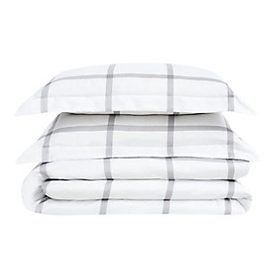 Whether your style is modern farmhouse or modern classic, master the art of simplicity with this duvet set with timeless windowpane design. Made from 100% brushed microfiber polyester with a percale weave for a sense of indulgence, this simply chic duvet set with windowpane pattern is a breath of fresh air when it comes to bedding upgrades. Duvet only; comforter insert not included.Made of 100% microfiber polyester in a percale weave | Imported | Machine washable; must be washed in appropriate size equipment to avoid damage | Includes: one twin/twin xl duvet cover 68x90 inches and one standard sham 20x26 inches with button enclosure; comforter insert must be purchased separately.