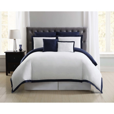 Truly Soft Everyday Hotel Border 7 Piece Full/Queen Duvet Set, White/Navy, large