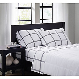 Truly Soft Printed Windowpane 4 Piece Full Sheet Set, White/Charcoal, rollover