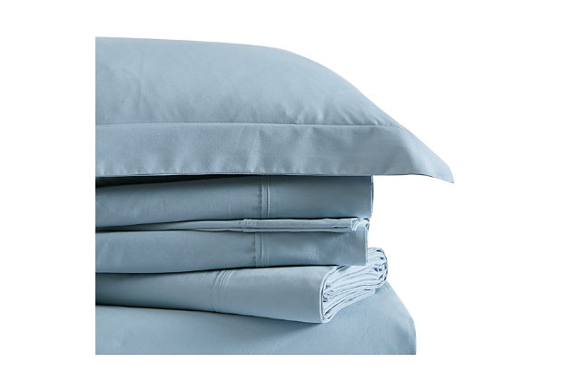 Longing for an instant bedroom refresh? Do yourself a solid by opting for this sumptuously soft solid tone sheet set made of 100% cotton. Crisp, cool and lightweight, like your favorite button-down shirt, this sheet set is made from 100% tight-weave cotton, making it more breathable so you can have a good night’s rest. For hot sleepers, that’s a cool thing. Plus, these sheets get even softer with each wash, making them an easy-breezy choice in relaxed living.Made of 100% cotton fabric for a soft, natural feel | Imported | Machine washable; must be washed in appropriate size equipment to avoid damage | Includes: one fitted sheet 54x75 inches with 13 inch pocket to fit up to a 15 inch deep mattress, one flat sheet 84x96 inches, and two pillowcases 20x32 inches each.