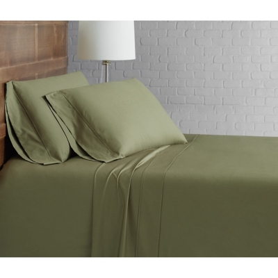 Brooklyn Loom Solid Cotton 4 Piece Queen Sheet Set, Olive Green, large