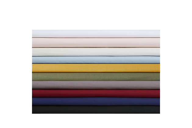 Longing for an instant bedroom refresh? Do yourself a solid by opting for this sumptuously soft solid tone sheet set made of 100% cotton. Crisp, cool and lightweight, like your favorite button-down shirt, this sheet set is made from 100% tight-weave cotton, making it more breathable so you can have a good night’s rest. For hot sleepers, that’s a cool thing. Plus, these sheets get even softer with each wash, making them an easy-breezy choice in relaxed living.Made of 100% cotton fabric for a soft, natural feel | Imported | Machine washable; must be washed in appropriate size equipment to avoid damage | Includes: one fitted sheet 60x80 inches with 13 inch pocket to fit up to a 15 inch deep mattress, one flat sheet 90x102 inches, and two pillowcases 20x32 inches.