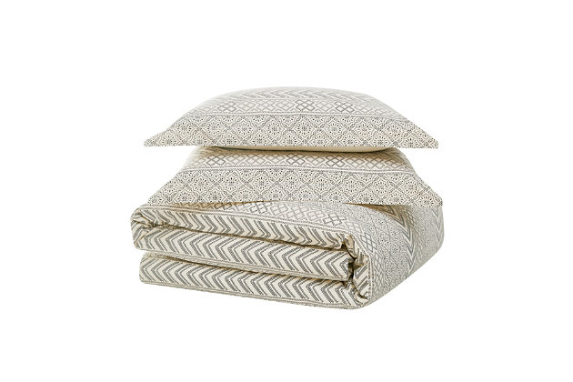 Neutralize your bedroom in an inspired way with this gorgeous comforter set that entices with a tile style print with horizontal bands and a solid tone reverse for pretty contrast. How beautifully it sets the scene for everyday luxury. Rest assured, its cotton face fabric is the stuff dreams are made of.100% cotton face; 100% microfiber back; 100% polyester fill | Imported | Machine washable; must be washed in appropriate size equipment to avoid damage | Includes: one twin/twin xl comforter 68x90 inches and one standard sham 20x26 inches.